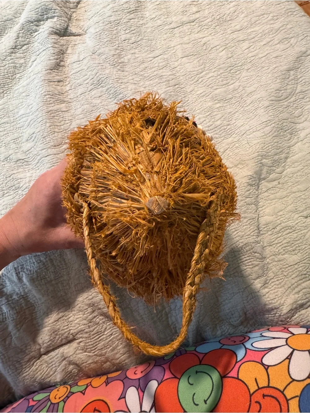 Cappelli Straworld Woven Straw Clutch with Mustard Fringe and Shell Bead Trim